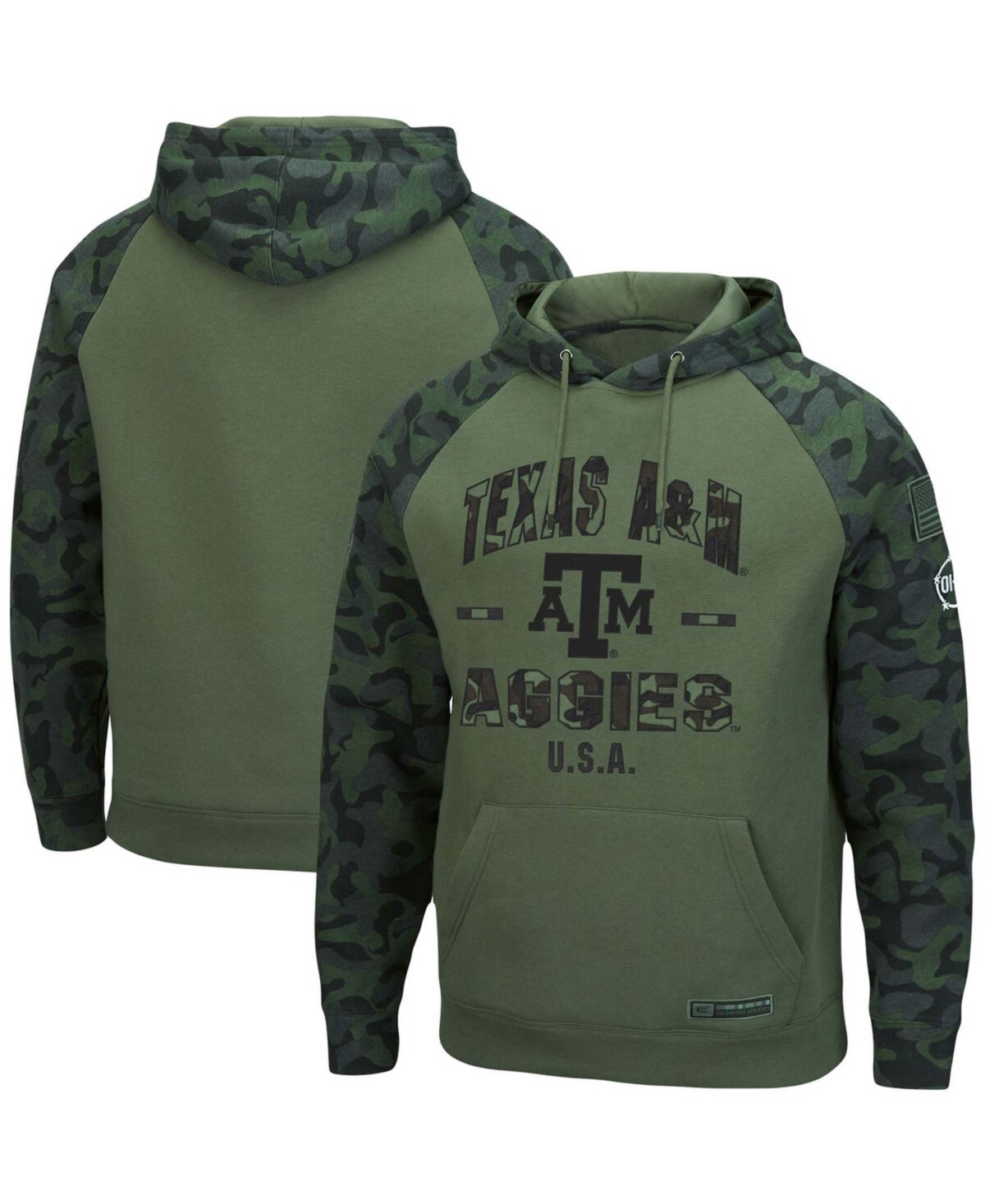 Colosseum Men's Olive, Camo Texas A&m Aggies Oht Military-inspired Appreciation Raglan Pullover Hoodie In Olive,camo