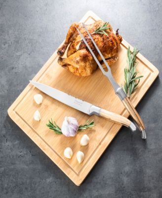 2 Piece Connoisseur Laguiole Olive Wood Carving Knife and Fork and Bamboo Cutting Board with Moat