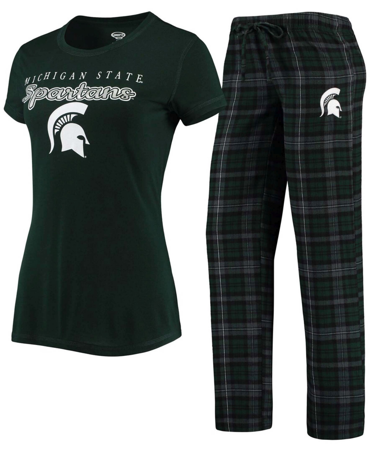 Concepts Sport Women's Green And Black Michigan State Spartans Lodge T-shirt And Flannel Pants Sleep Set In Green,black