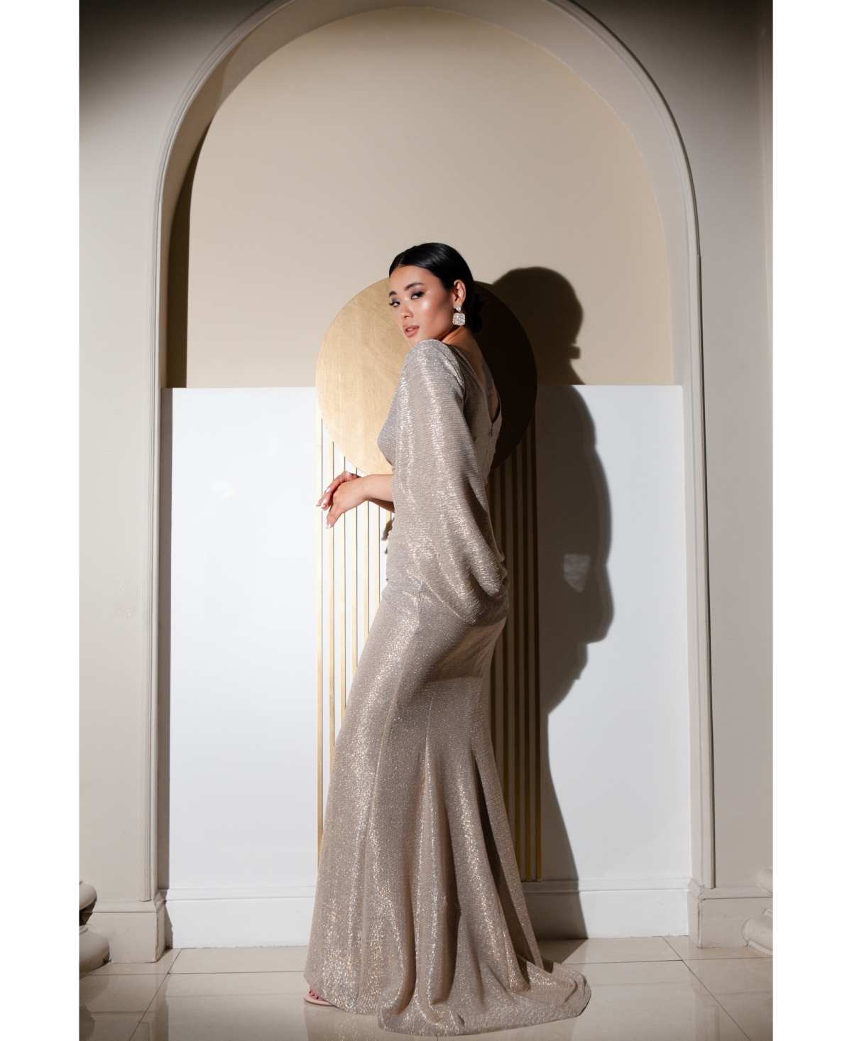 Shop Betsy & Adam Metallic Cape Gown In Gold,silver