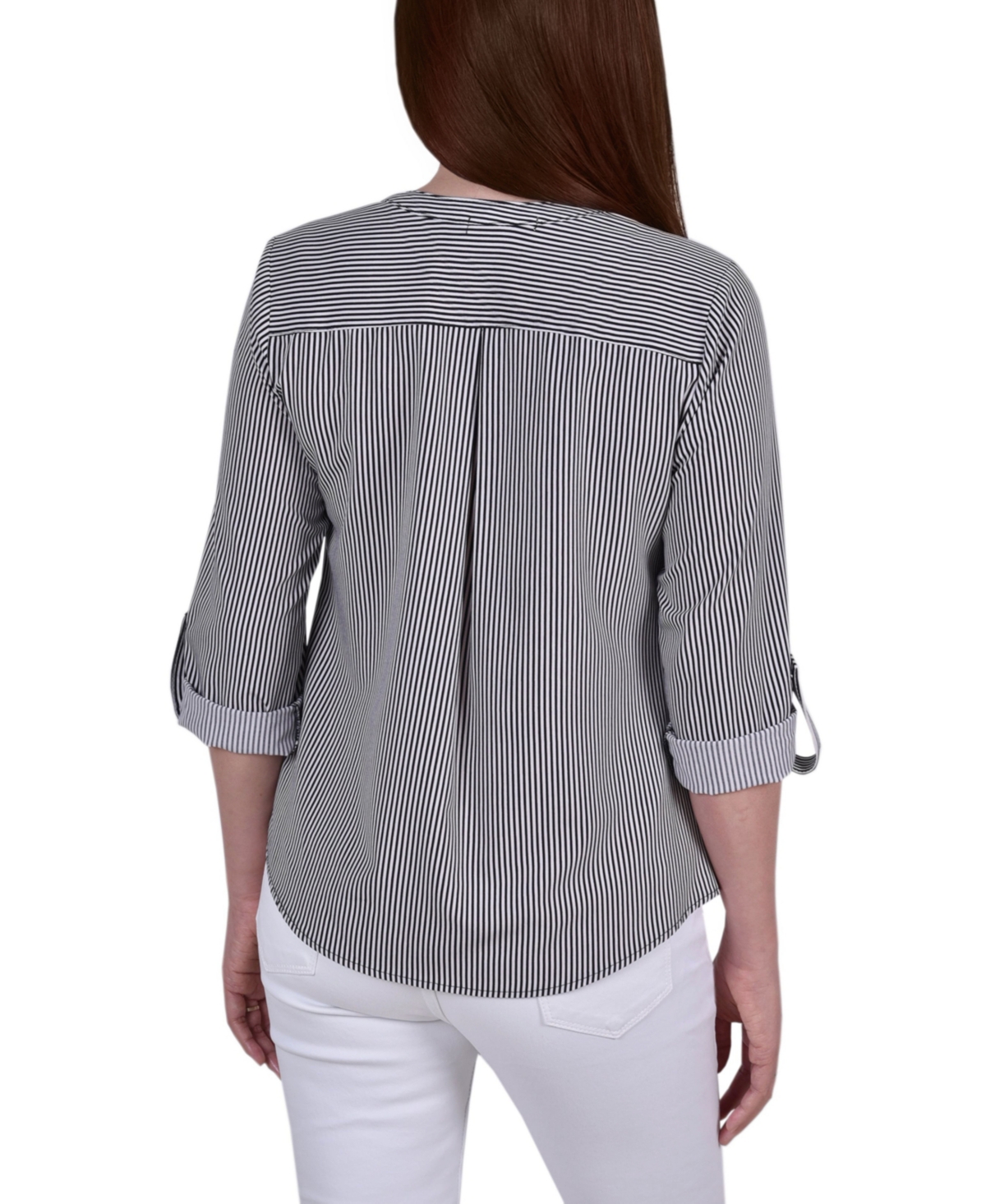Ny Collection Petite Tab Y Neck Blouse In Black,white Torterella