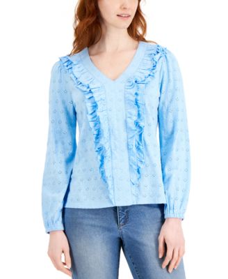 Charter Club - Petite Ruffled Eyelet Knit Top