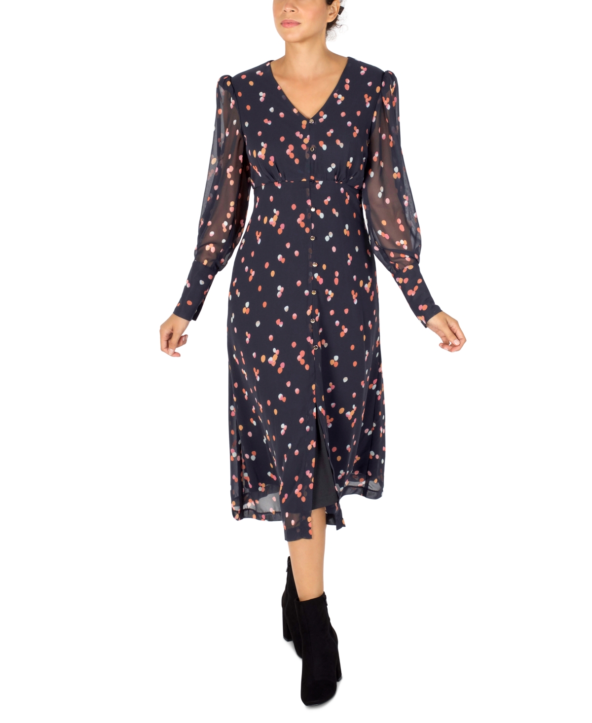 Julia Jordan Long Sleeve Button Front Midi Dress In Black Multi | ModeSens