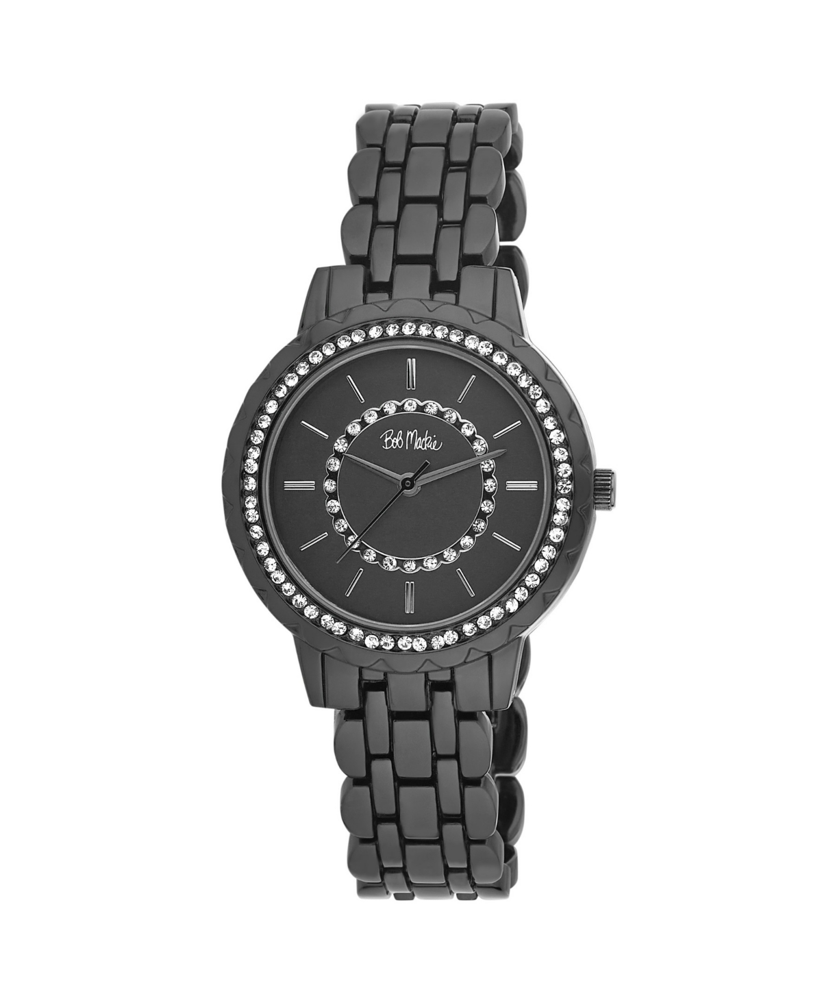 Unisex Crystal Dial Scallop Bezel Black Base Metal Bracelet Watch 36mm - Black