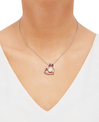 Macy's - Cultured Freshwater Pearl (7mm) & Lab-Created White Sapphire (1/5 ct. t.w.) Heart Pendant Necklace in Sterling Silver, 16" + 2" extender