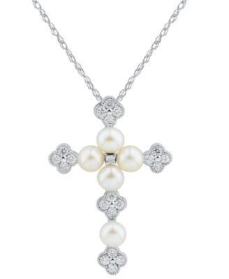 Honora - Cultured Freshwater Pearl (3-1/2 - 4mm) & Diamond (1/5 ct. t.w.) 18" Cross Pendant Necklace in 14k White Gold