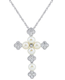 Cultured Freshwater Pearl (3-1/2 - 4mm) & Diamond (1/5 ct. t.w.) 18" Cross Pendant Necklace in 14k White Gold