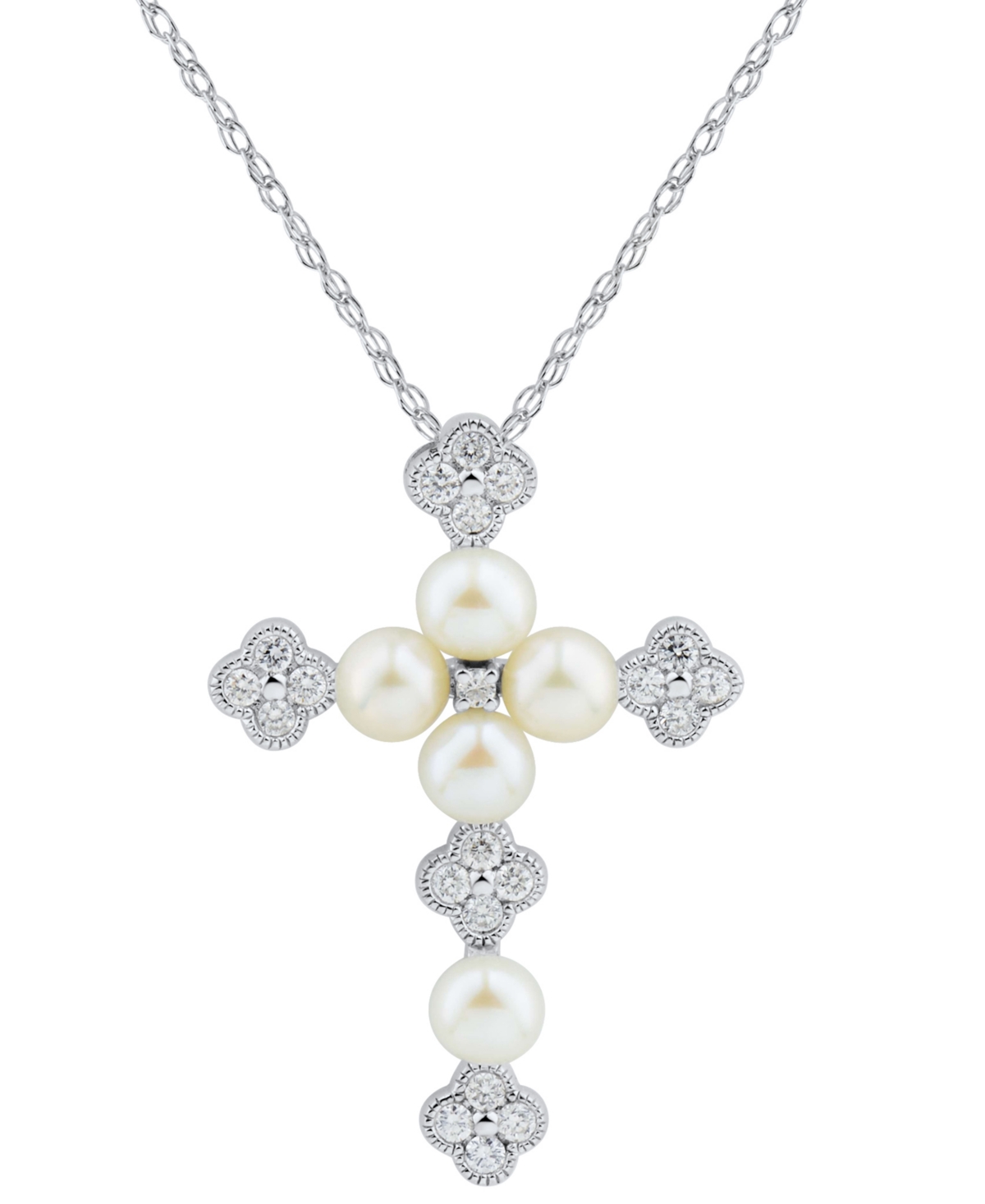 Cultured Freshwater Pearl (3-1/2 - 4mm) & Diamond (1/5 ct. t.w.) 18" Cross Pendant Necklace in 14k White Gold - White Gold