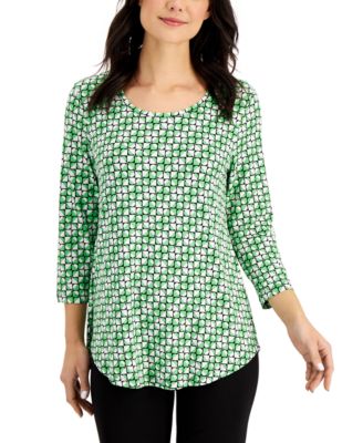 Green 3/4 Sleeve Women's Petite Tops 