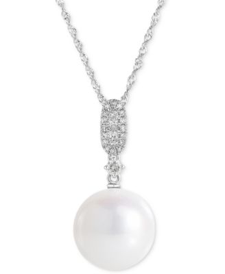 Macy's - Cultured Freshwater Pearl (10mm) & Diamond (1/6 ct. t.w.) Pendant Necklace in 14k White Gold, 16" + 2" extender