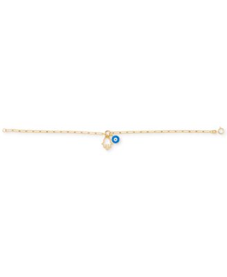 Hamsa Hand & Glass Evil Eye Charm Bracelet in 10k Gold