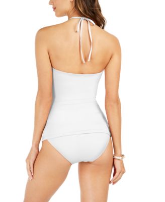 Shop Michael Kors Michael  Logo Ring Shirred Bandini Swim Top Bikini Bottoms In White