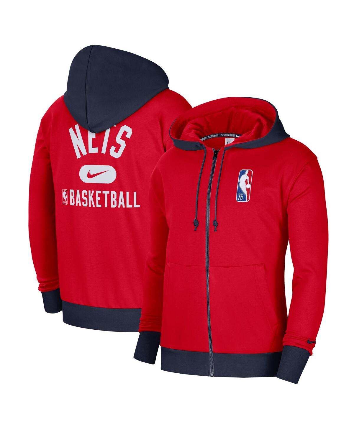 Shop Nike Men's  Red, Navy Brooklyn Nets 2021/22 City Edition Courtside Heavyweight Fleece Full-zip Hoodie In Red,navy