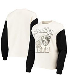 Women's White and Black Brooklyn Nets Contrast Sleeve Pullover Sweatshirt