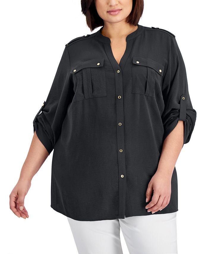 Calvin Klein - Plus Size Solid Button-Down Roll-Sleeve Top