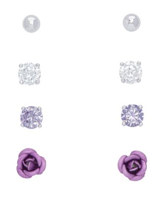 Ball, Clear, Cubic Zirconia and Rose Stud 4-Piece Earrings Set in Fine Silver Plate