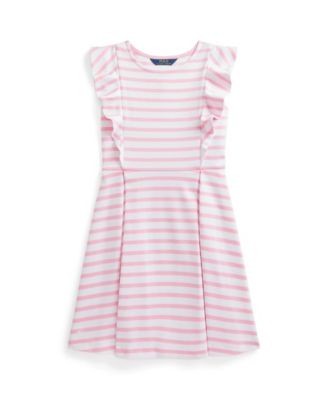폴로 랄프로렌 걸즈 원피스 Polo Ralph Lauren Big Girls Striped Ruffled Ponte Dress,카멜 Carmel Pink, White