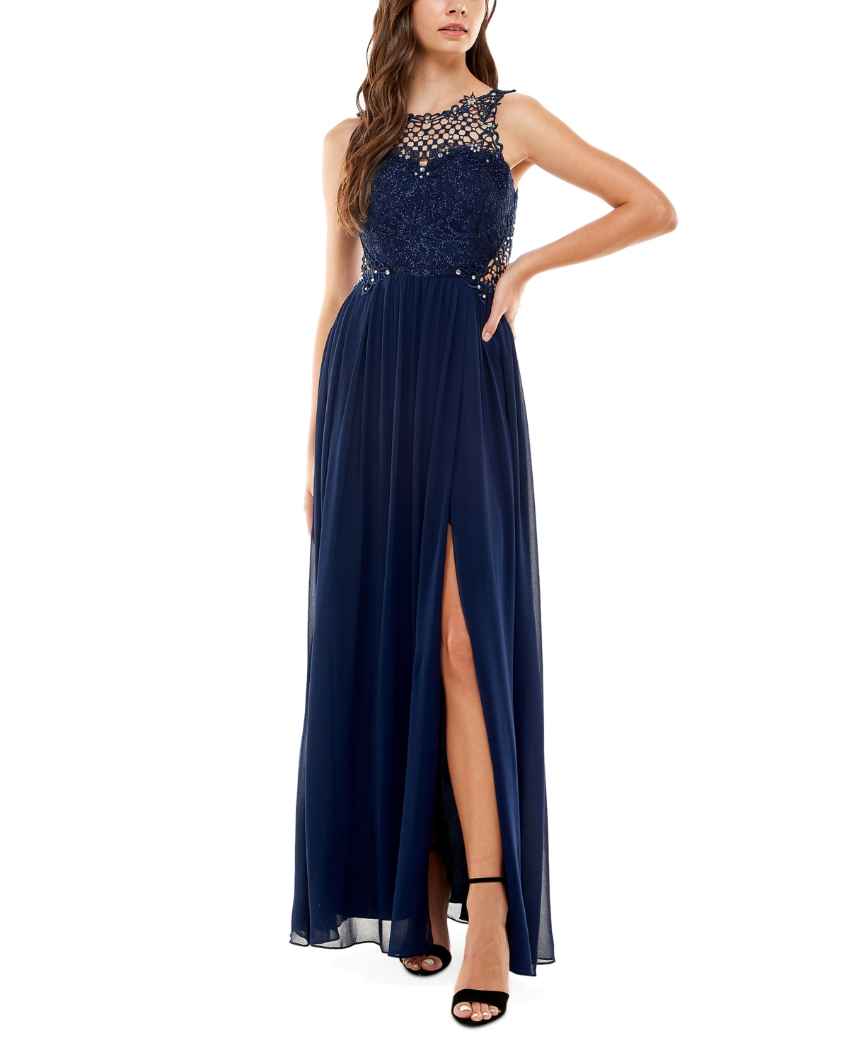 City Studios Juniors Embellished Illusion Tulip Gown Created for Macy s Bright Navy Smart Closet