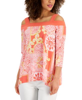 JM Collection - Women's Printed Cold-Shoulder Top