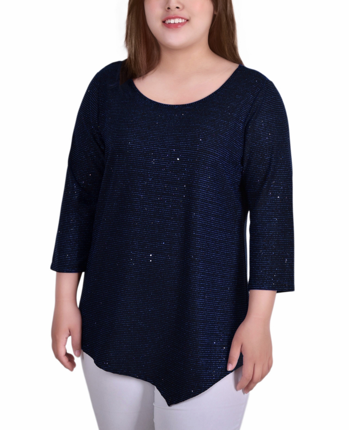 Ny Collection Plus Size 3/4 Sleeve Iridescent Bar Back Top In Blue,gold-tone