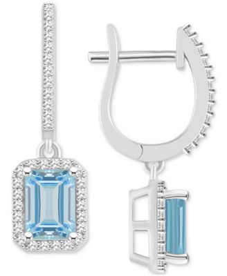 Macy's - Aquamarine (1-3/4 ct. t.w.) & Diamond (1/3 ct. t.w.) Halo Leverback Drop Earrings in Sterling Silver
