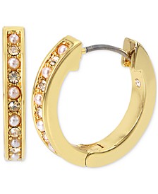 Gold-Tone Small Pavé & Imitation Pearl Huggie Hoop Earrings, 0.75"
