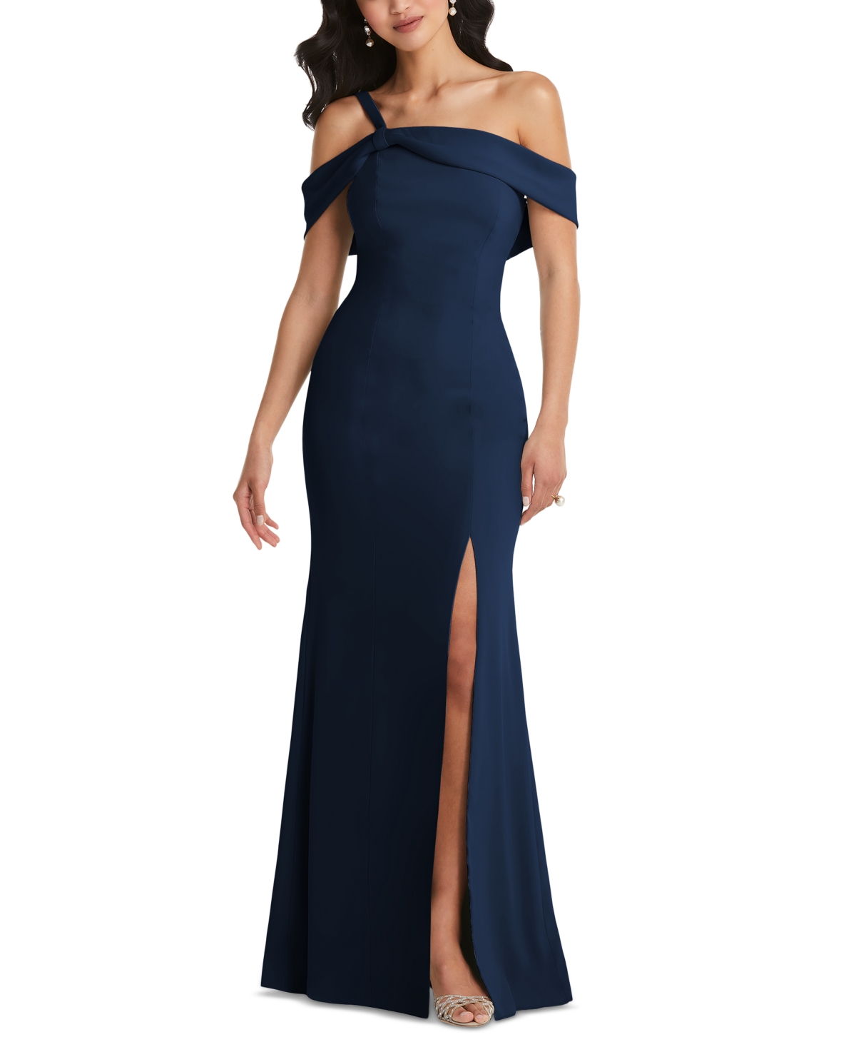 Plus Size One-Shoulder Draped Cuff Maxi Dress with Front Slit - Midnight navy