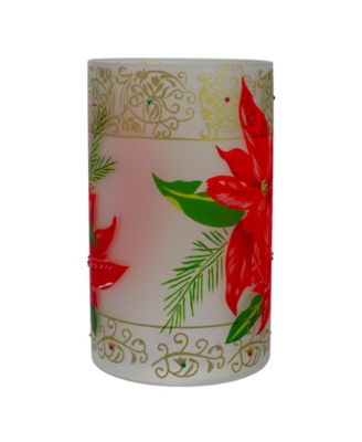 10" Hand-Painted Poinsettias and Flameless Glass Christmas Candle Holder