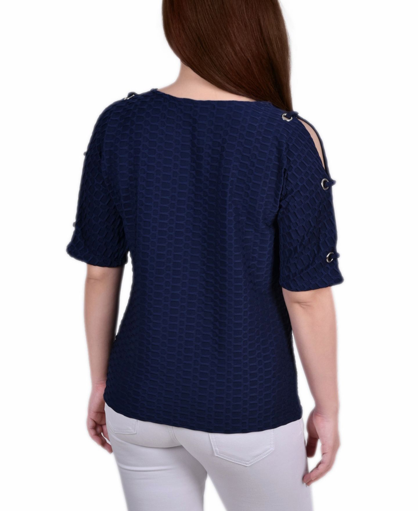 Женский топ NY Collection Petite Short Sleeve Honeycomb Textured Grommet, цвет: Тёмный синий — фото 2