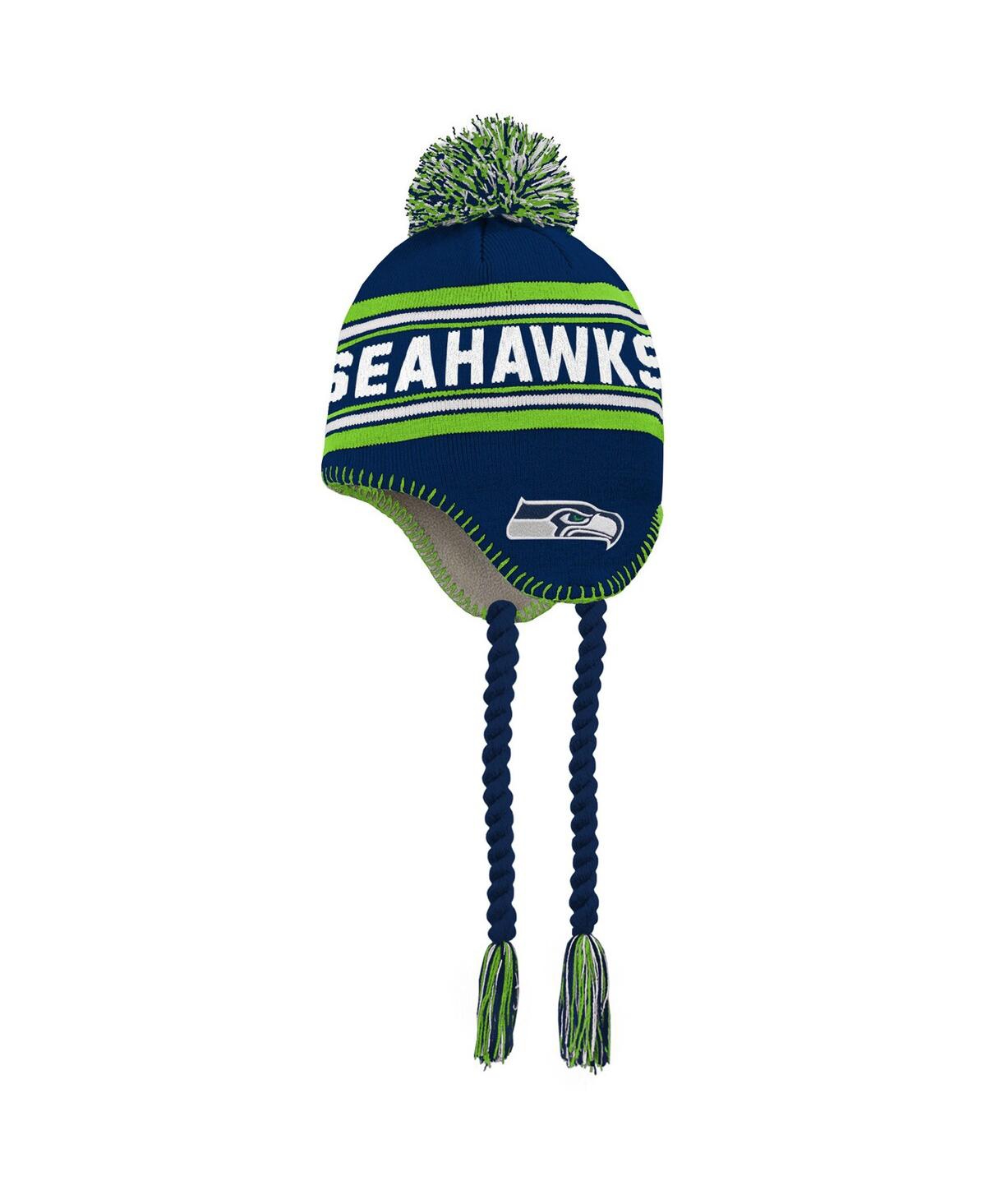 Outerstuff Babies' Preschool Boys And Girls College Navy And Neon Green Seattle Seahawks Jacquard Tassel Knit Hat With  In Navy,neon Green