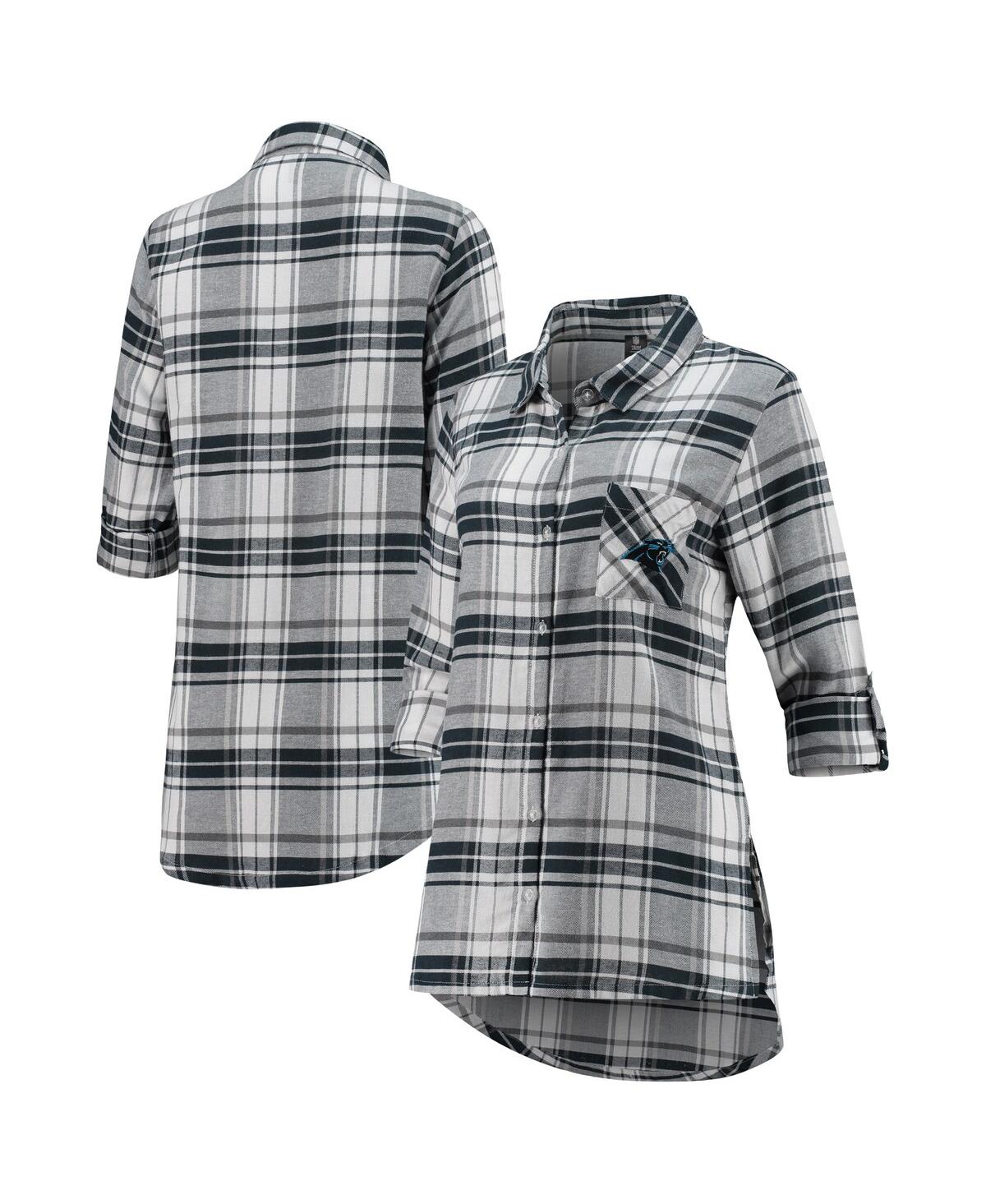 Women's Charcoal, Gray Carolina Panthers Accolade Flannel Long Sleeve Button-Up Nightshirt - Charcoal, Gray