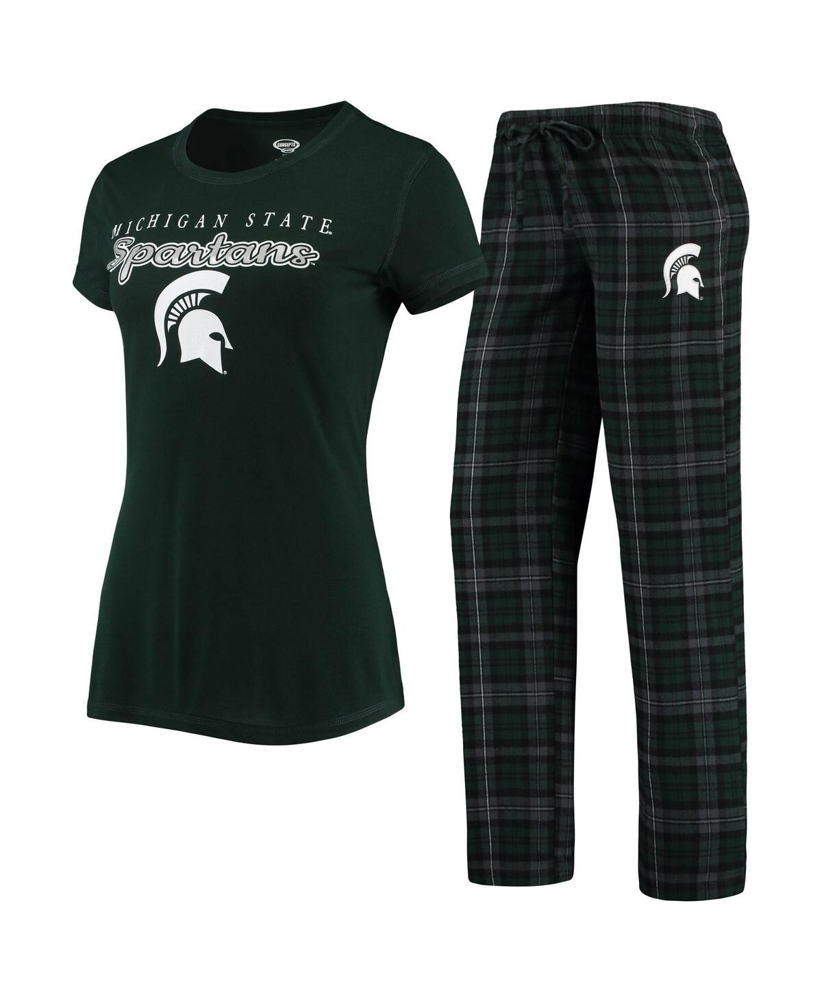 Concepts Sport Women's Green And Black Michigan State Spartans Lodge T-shirt And Flannel Pants Sleep Set In Green,black
