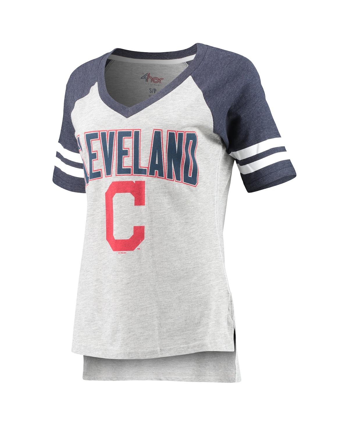 Women'sand Navy Cleveland Indians Team Goal Line Raglan V-Neck T-shirt - Heathered Gray, Navy