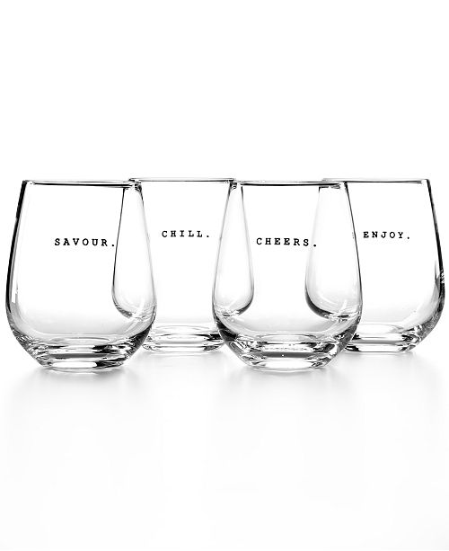 The Cellar Whiteware Words Set of 4 Stemless Wine Glasses Glassware