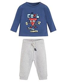 Baby Boys Puff Print Logo Long Sleeve T-shirt and Organic Melange French Terry Pant, 2 Piece Set