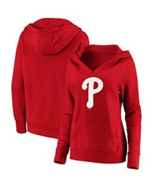 Women's Red Philadelphia Phillies Official Logo Crossover V-Neck Pullover Hoodie