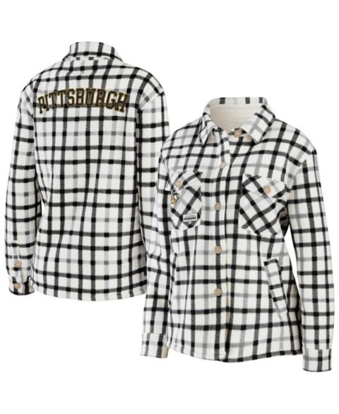 Женские куртки WEAR by Erin Andrews Women's Oatmeal Pittsburgh Penguins Plaid Button-Up Shirt Jacket