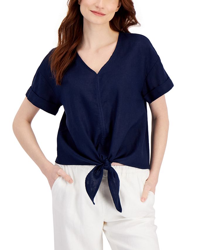 Charter Club Petite Linen TieFront Top, Created for Macy's Macy's