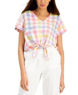 Charter Club Linen Gingham Tie-Front 