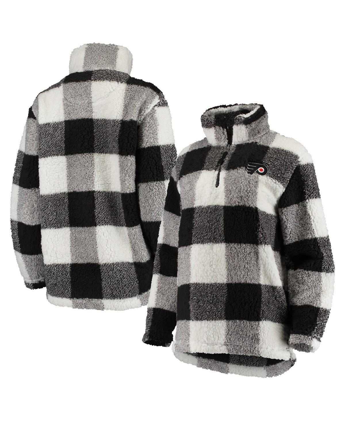 G-III 4HER BY CARL BANKS WOMEN'S BLACK AND WHITE PHILADELPHIA FLYERS PLAID SHERPA QUARTER-ZIP JACKET 