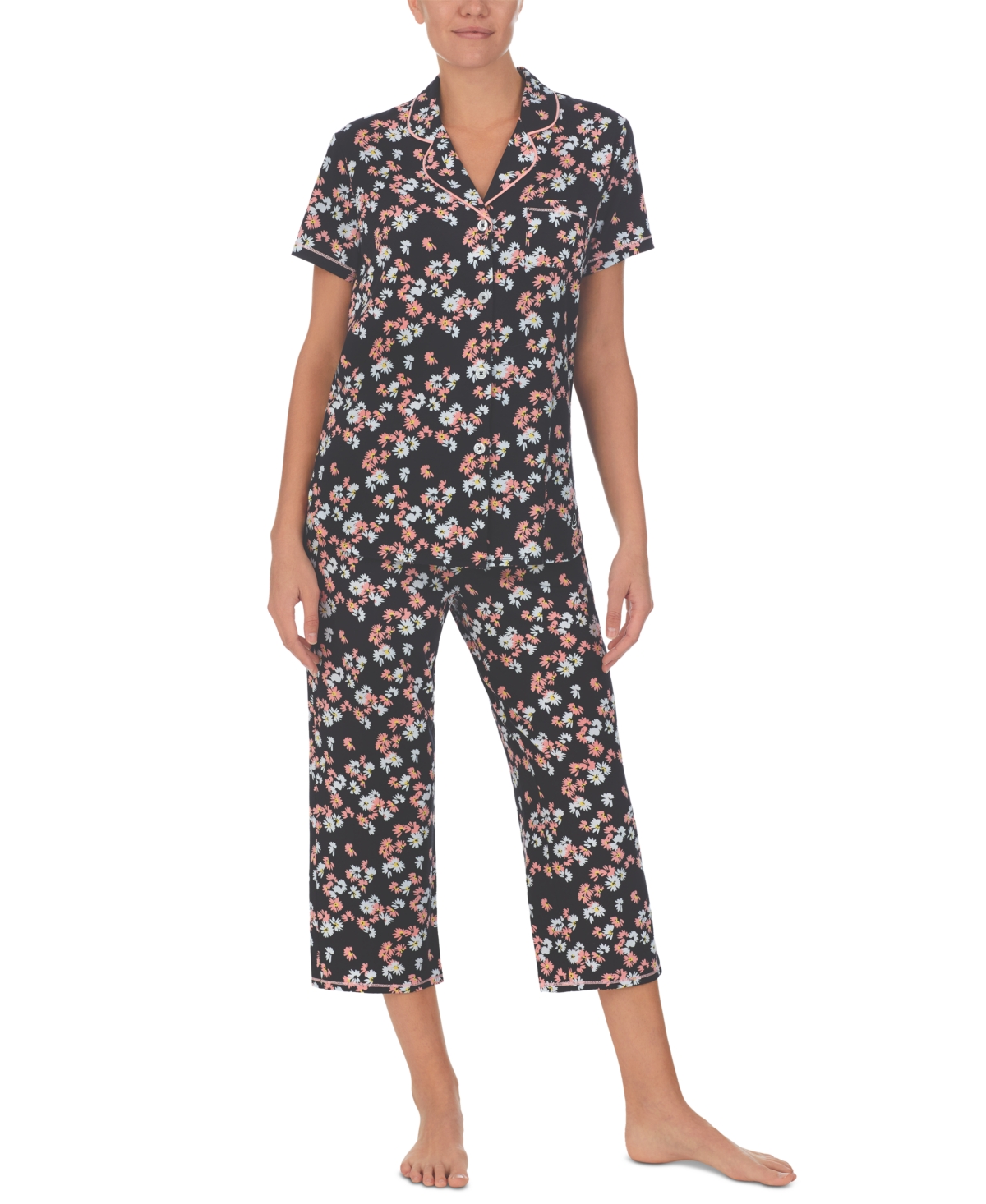 Cuddl Duds Printed Short Sleeve Notch-Collar Capri Pajama Set