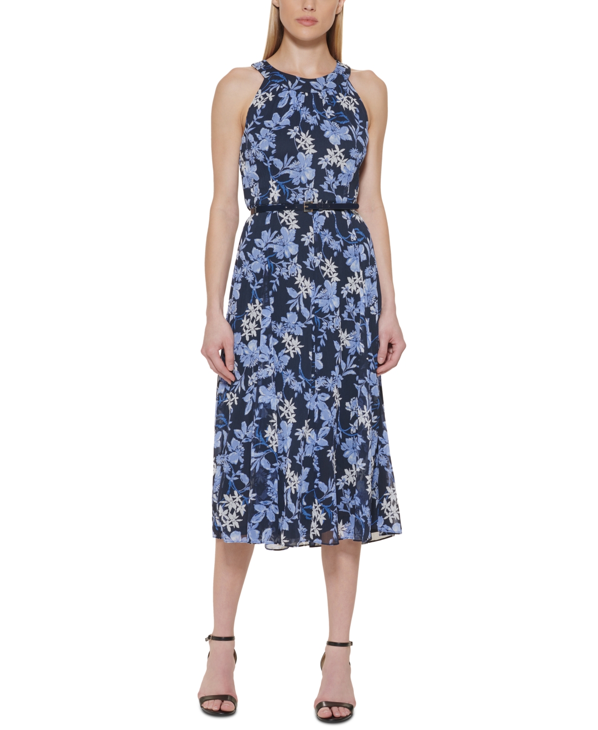 Tommy Hilfiger Petite Floral-print Belted Midi Dress In Sky Captain ...