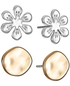 Two-Tone 2-Pc. Set Flower & Hammered Disc Stud Earrings