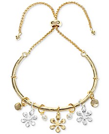 Two-Tone Flower & Imitation Pearl Shaky Charm Slider Bangle Bracelet, Created for Macy's