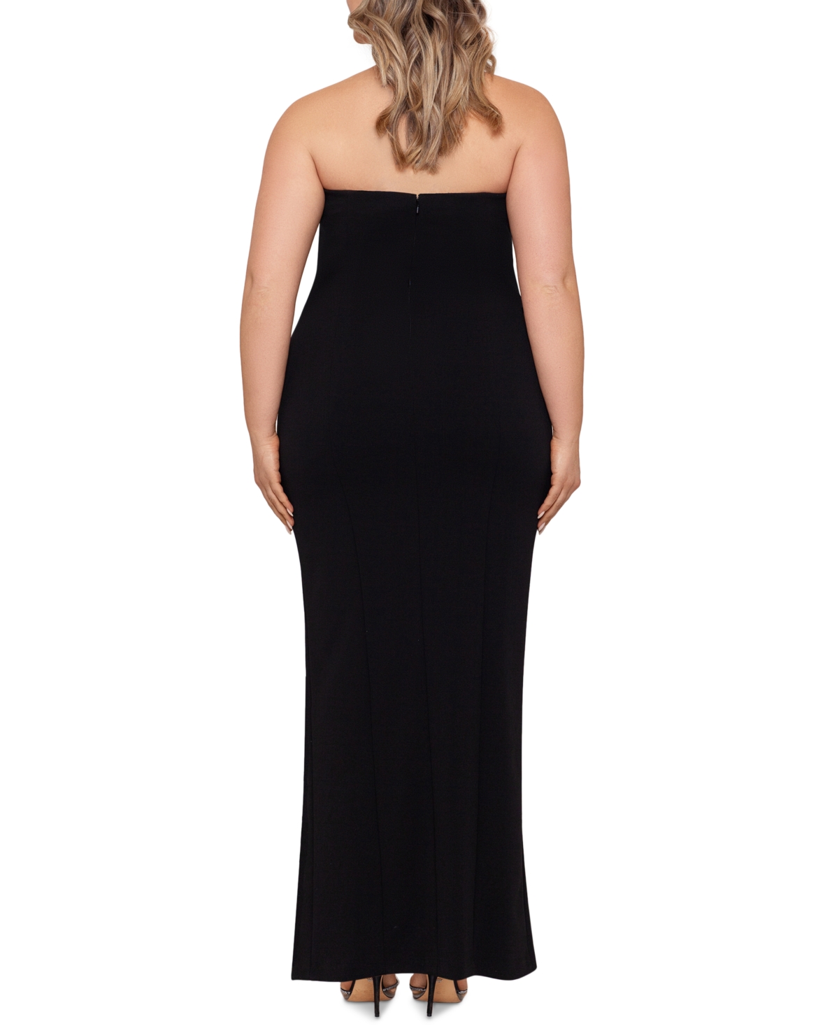 Betsy & Adam Long Strapless Crepe Tuxedo Top Dress In Black