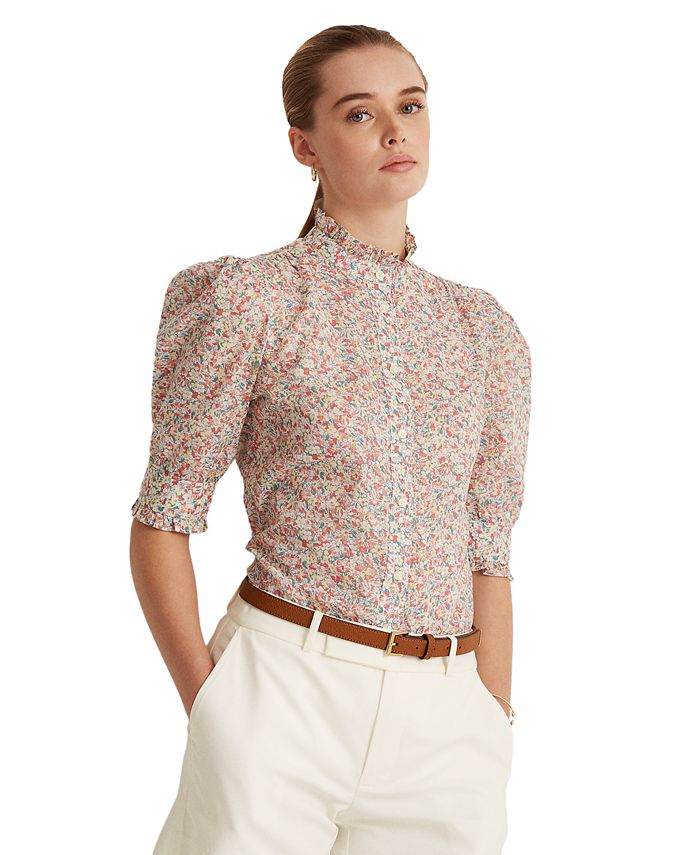 Lauren Ralph Lauren Floral Cotton Voile Puff-Sleeve Shirt - Macy's