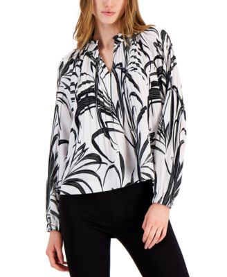 Alfani - Mandarin Collar Pleated Long Sleeve Top