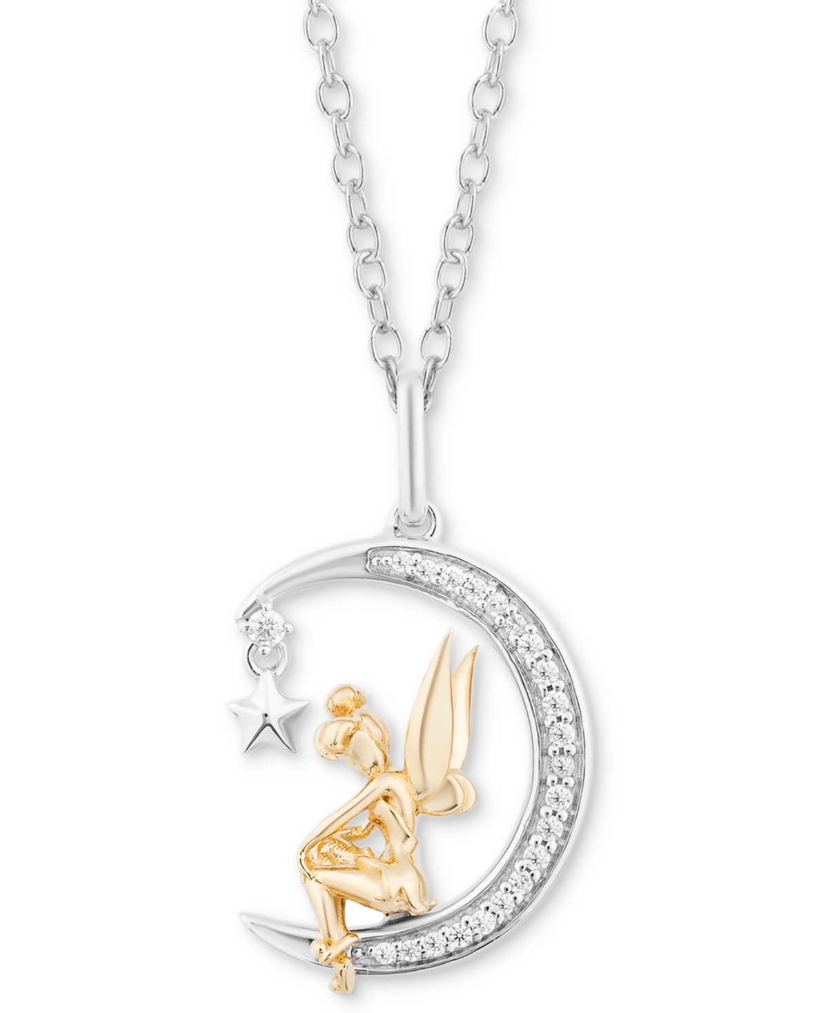 Enchanted Disney Fine Jewelry Diamond Tinker Bell Moon Pendant Necklace (1/10 ct. t.w.) in Sterling Silver & 14k Gold, 16" + 2" extender