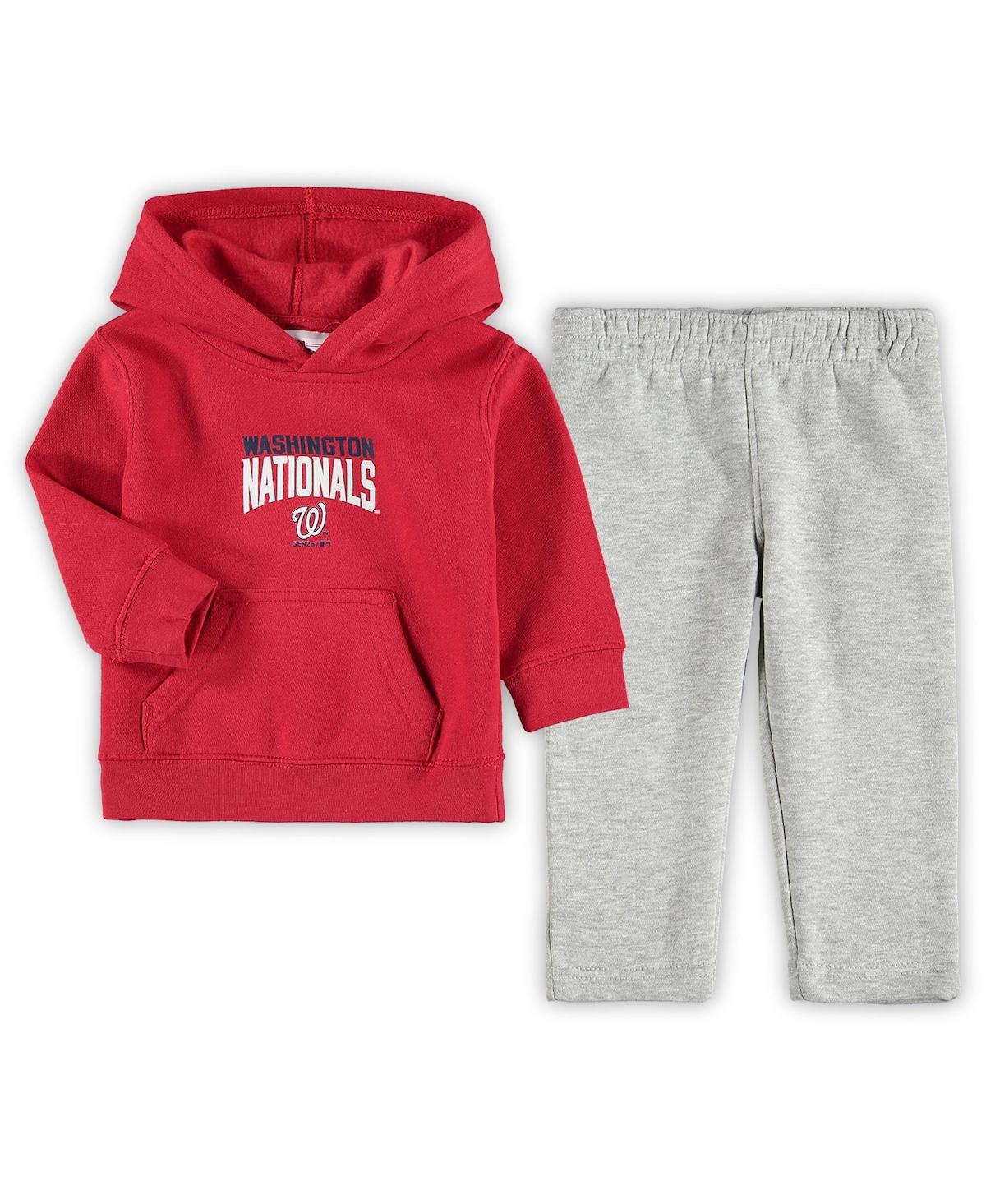 Shop Outerstuff Infant Boys And Girls Red, Heathered Gray Washington Nationals Fan Flare Fleece Hoodie And Pants Set In Red,heathered Gray