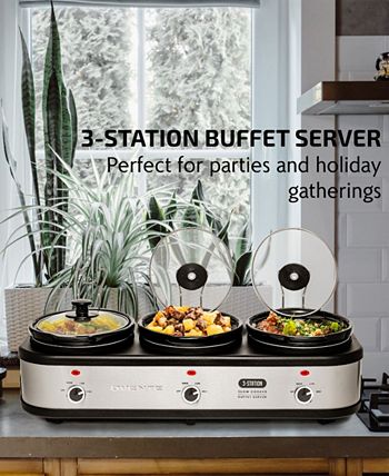 Ovente Stainless Steel Triple Slow Cooker Buffet Server with Glass